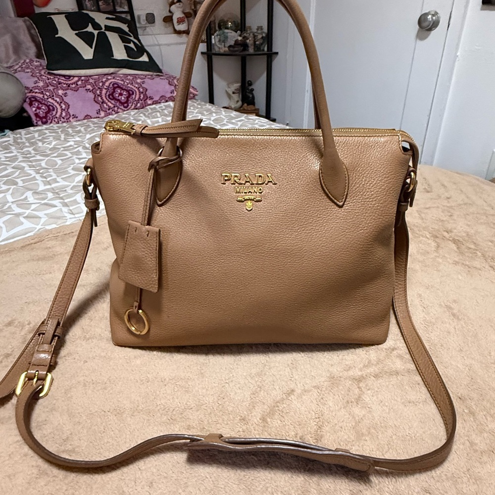 Prada Vit Daino Caramel Brown Leather Satchel